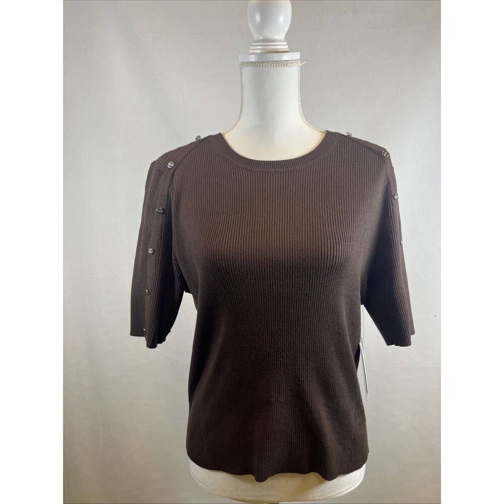 DKNY Sweater Women's XL Brown Ribbed Crewneck Button Sleeve NWT